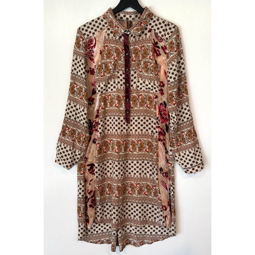 Aratta Silent Journey Boho Maxi Shirt Dress Tunic Button Up Whimsical Size M